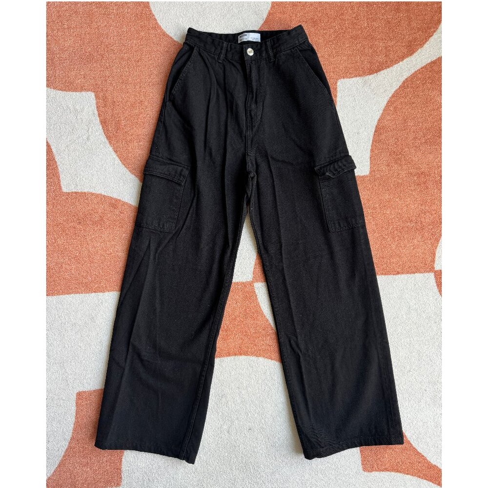 Bershka Denim Wide Cargo Pants (Black)